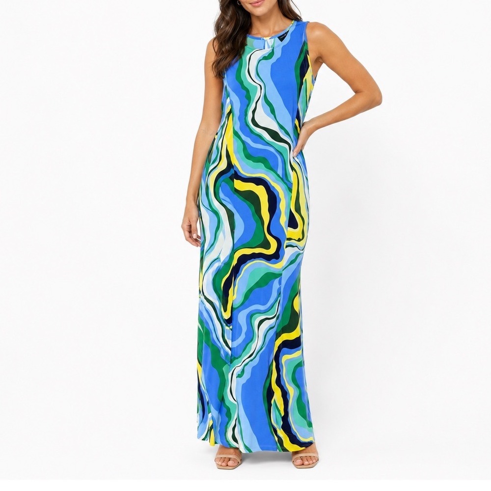 Donna‎ Morgan Blue Green Abstract Print Maxi Dress NWT Size 4